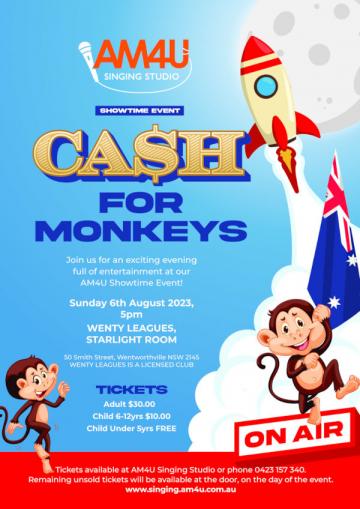 Poster featuring an animation of two mokeys and a rocket going to moon